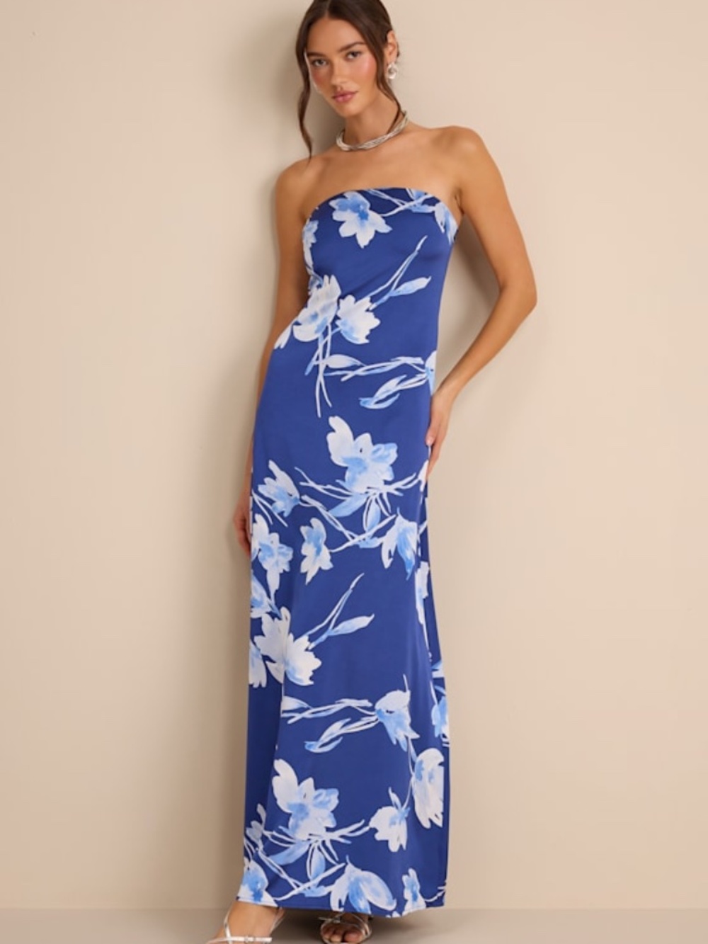 Lulus Arisa Blue Floral Satin Strapless Maxi Dress - Size XS